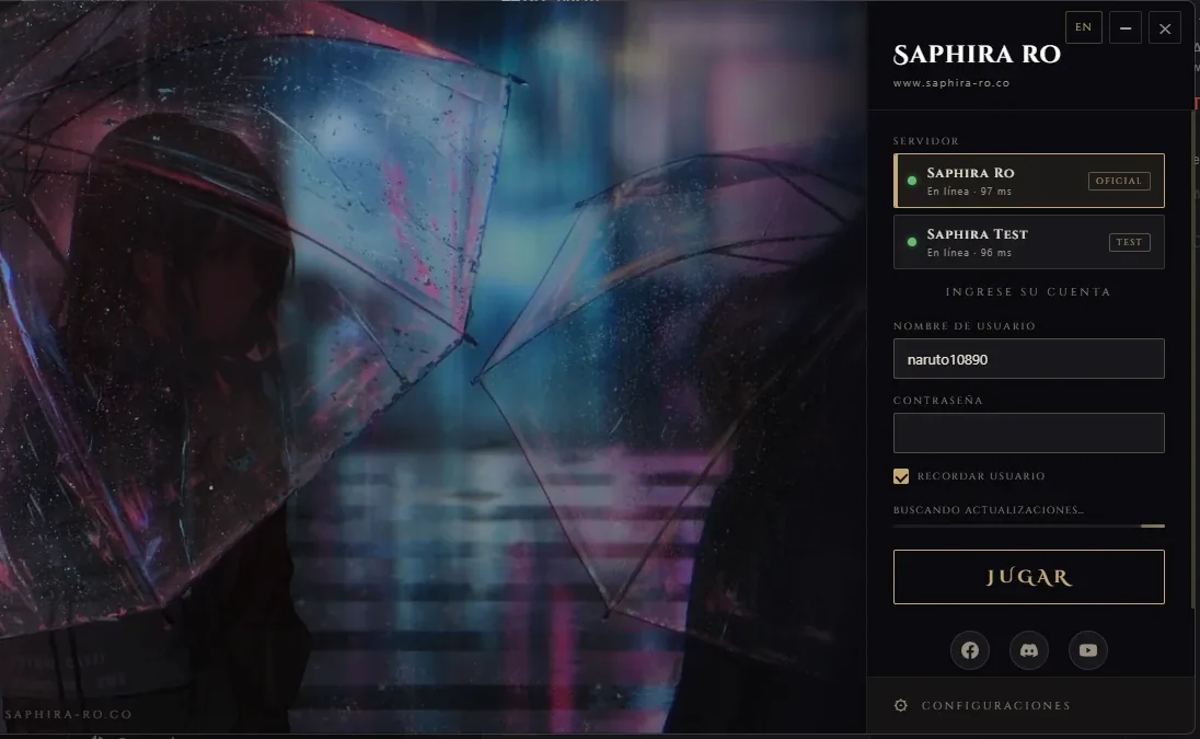 El launcher de Saphira RO con la lista de servidores, el inicio de sesión y la barra de actualización